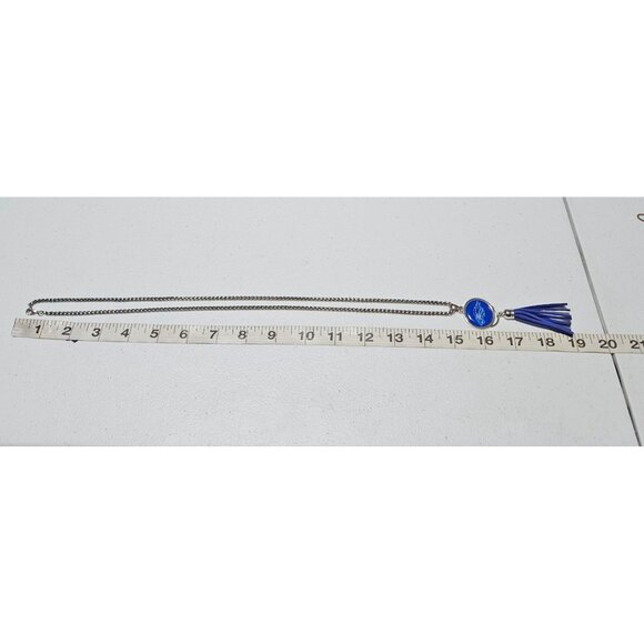 Blue Lion Pendant Necklace Leather Tassel Silver Tone Long Chain Fashion Jewelry - Picture 7 of 8